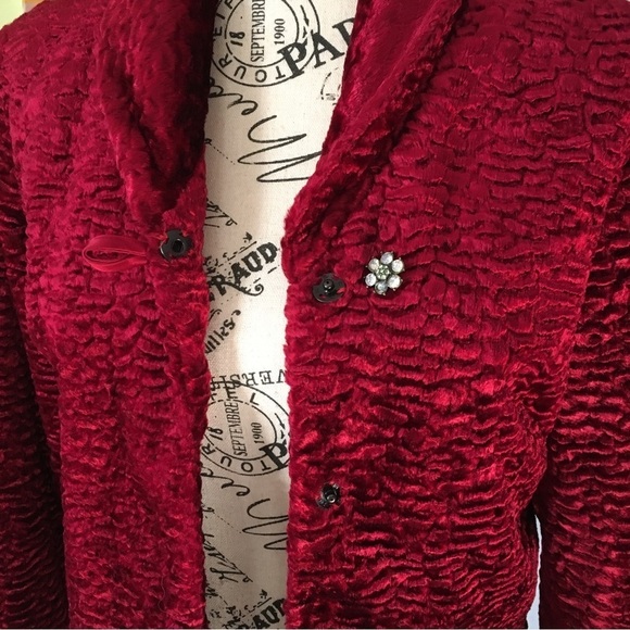 Vintage Will’s River Co. Velvet Blazer Faux Lamb Fur Jacket Pea Coat Red 2 Small - Picture 7 of 16
